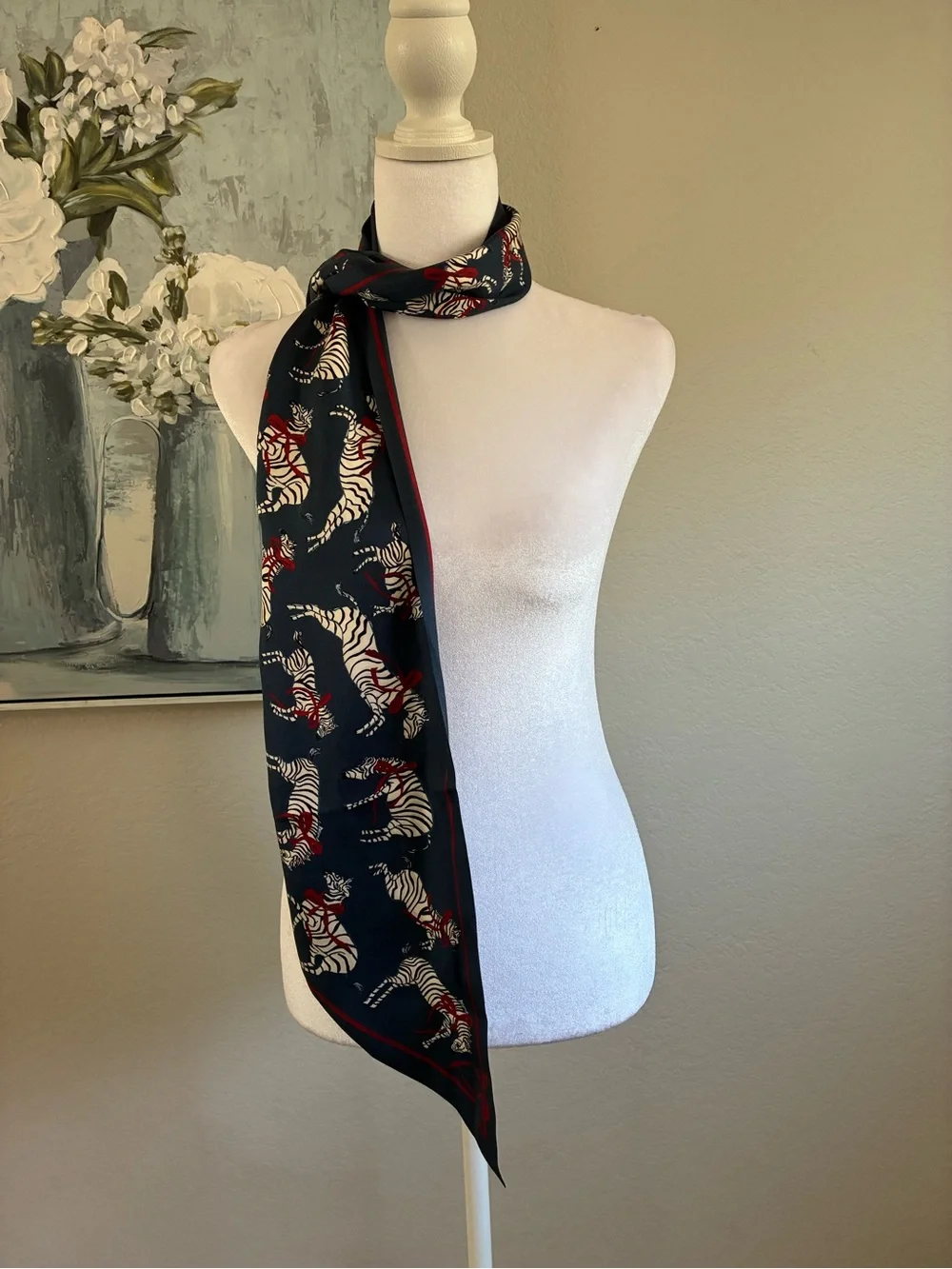 Navy Zebra Print Satin Scarf with Red Bows